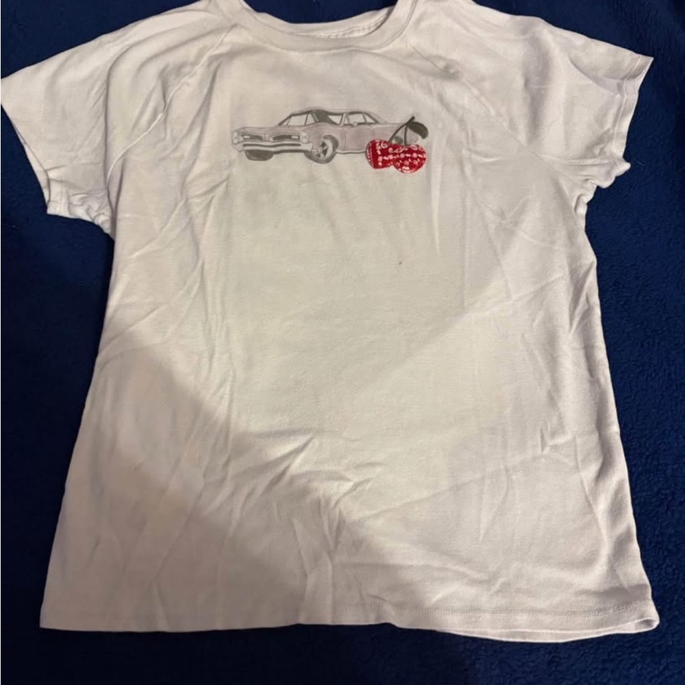 Hollister White Tee with Car and Red Flannel Cherries